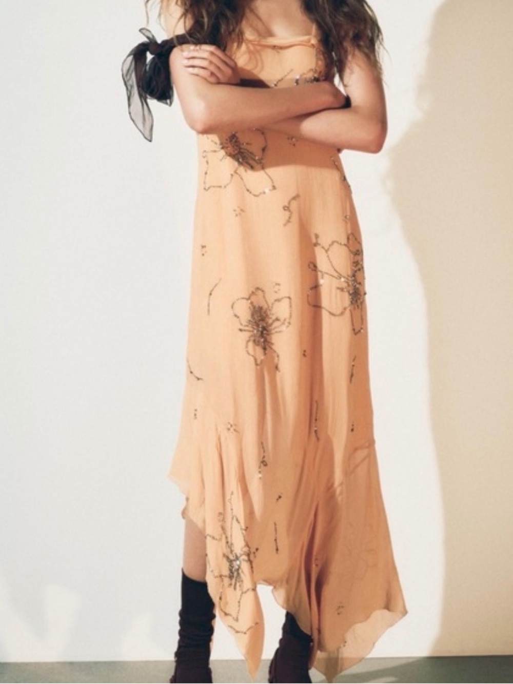 Zara Peach Floral Beaded Slip Dress with Black Ribbon Detail